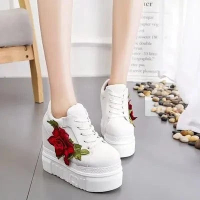 38 / White 1 Embroidered Flowers Canvas Sneakers Women High Wedge Sneaker Fashion White/black/red Platform Sneakers Woman Casual Shoes