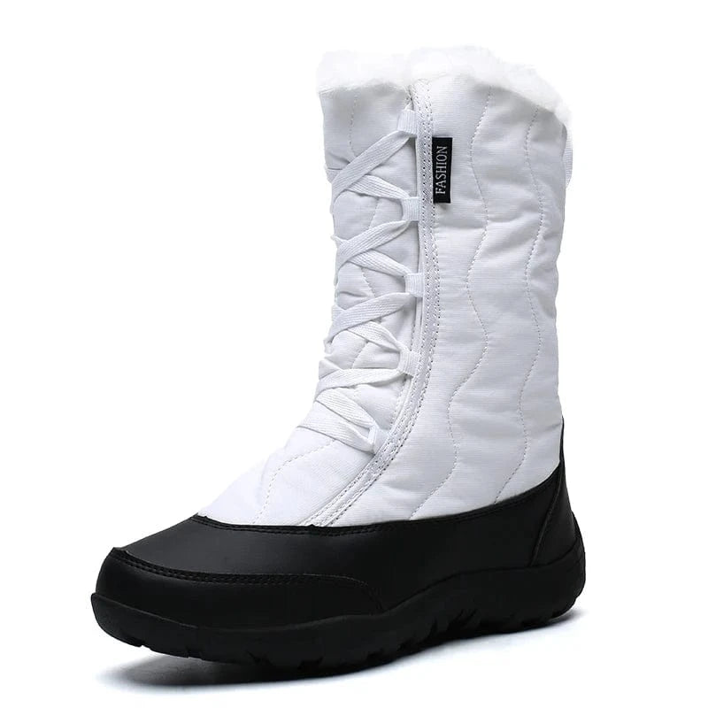 38 / White Women's Warm Waterproof Cold-Resistant Furry Collar Outdoor Mid Calf Easy Wear Lace-up Winter Snow Boots