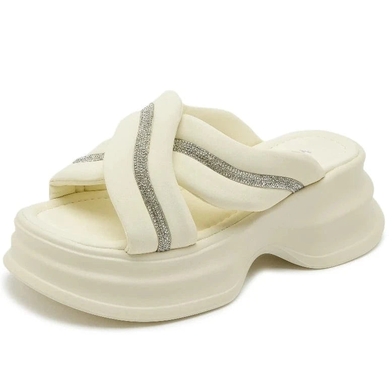 38 / Yellow Dropshipping Custom Logo Rhinestone Chunky Platform Sandals Women Shoes Comfortable Ladies Slides Beach Slippers