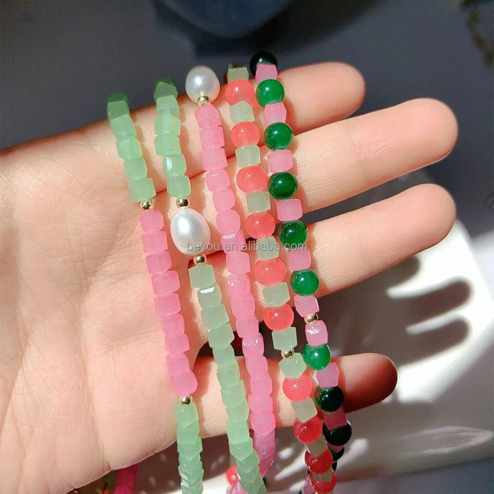 38cm+5cm / 1 / Gold Plated Pink Green Personalized Double Layers Necklace OT Buckle Irregular Beads Holiday Party Necklace Ornaments