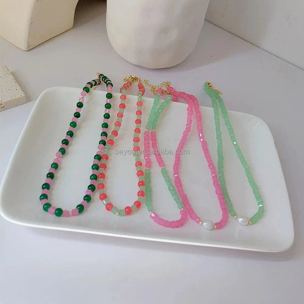 38cm+5cm / 1 / Gold Plated Pink Green Personalized Double Layers Necklace OT Buckle Irregular Beads Holiday Party Necklace Ornaments