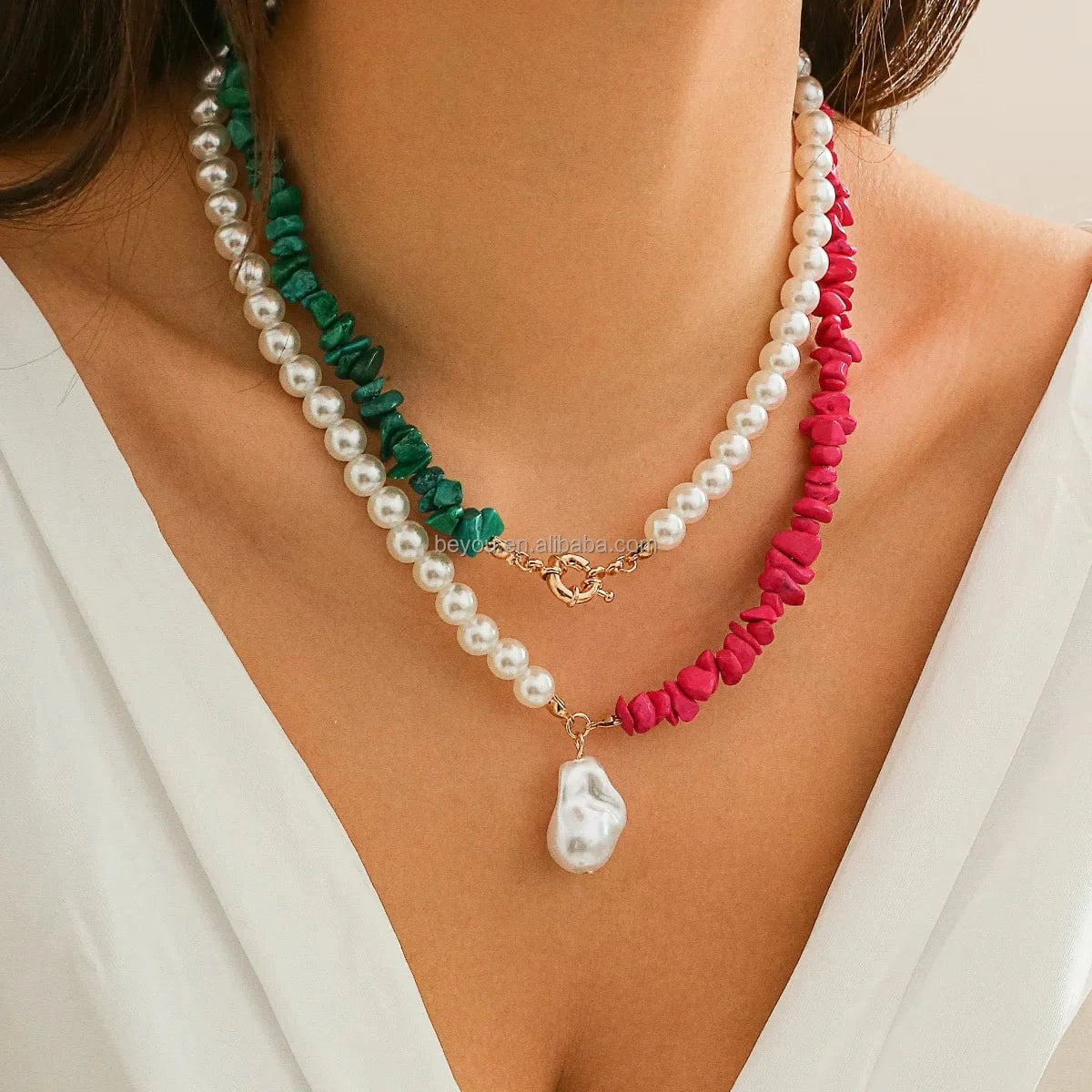 38cm+5cm / 1 / Gold Plated Pink Green Personalized Double Layers Necklace OT Buckle Irregular Beads Holiday Party Necklace Ornaments