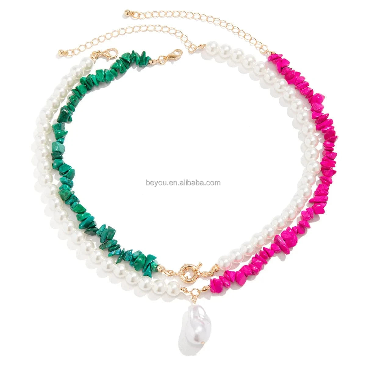 38cm+5cm / 1 / Gold Plated Pink Green Personalized Double Layers Necklace OT Buckle Irregular Beads Holiday Party Necklace Ornaments