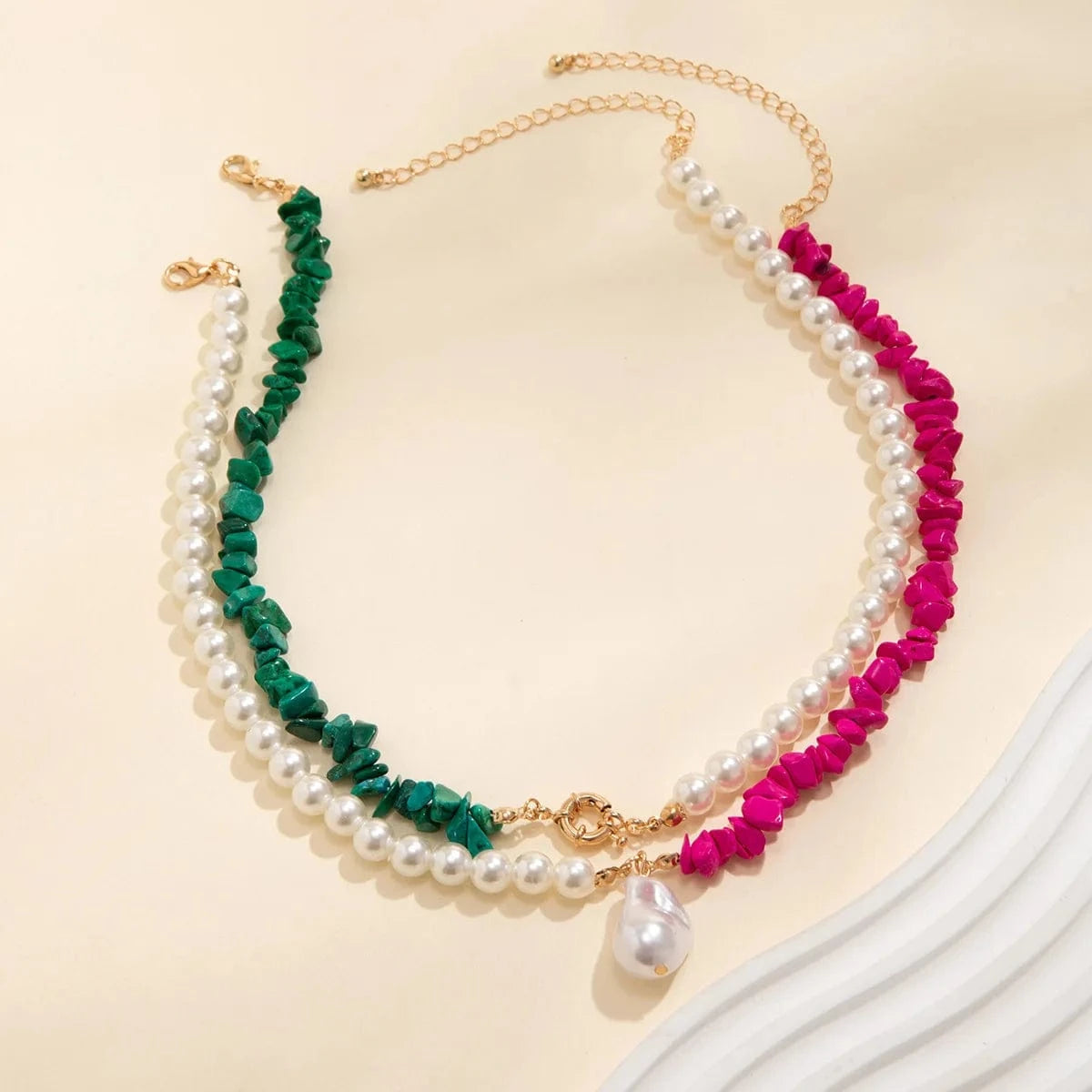 38cm+5cm / 1 / Gold Plated Pink Green Personalized Double Layers Necklace OT Buckle Irregular Beads Holiday Party Necklace Ornaments