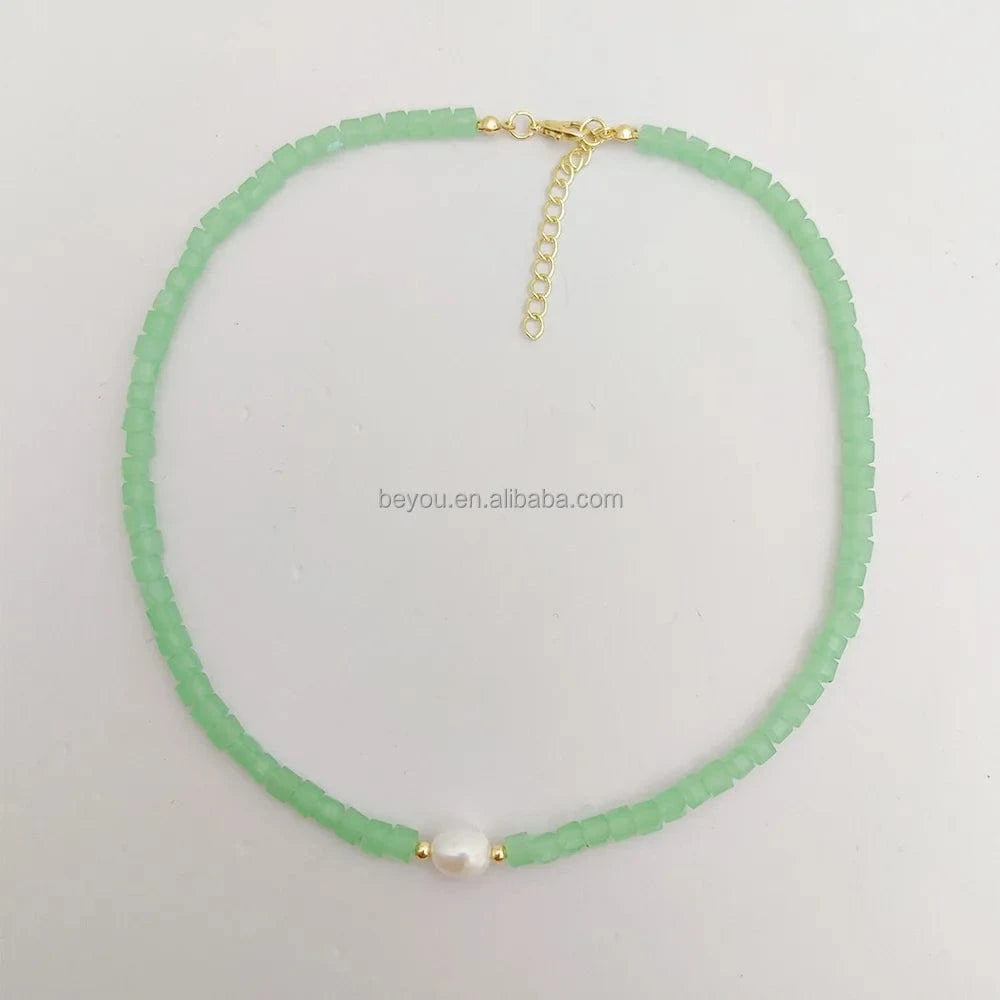 38cm+5cm / 1 / Gold Plated Pink Green Summer Color Beaded Natural Baroque Pearl Dopamine Necklace Clavicle Chain for Girls