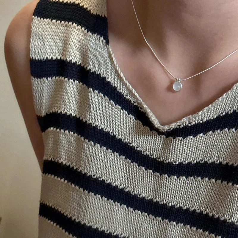 39+5cm / YB-A4444 White 925 Sterling Silver Vintage White Agate Round Snake Chain Pendant Necklaces For Women Christmas Gifts Jewelry