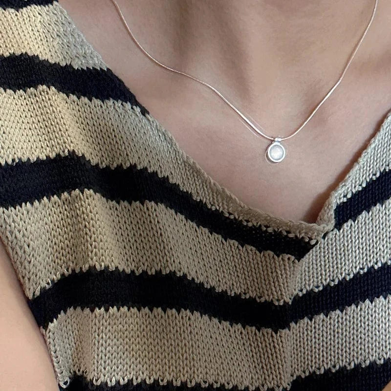 39+5cm / YB-A4444 White 925 Sterling Silver Vintage White Agate Round Snake Chain Pendant Necklaces For Women Christmas Gifts Jewelry