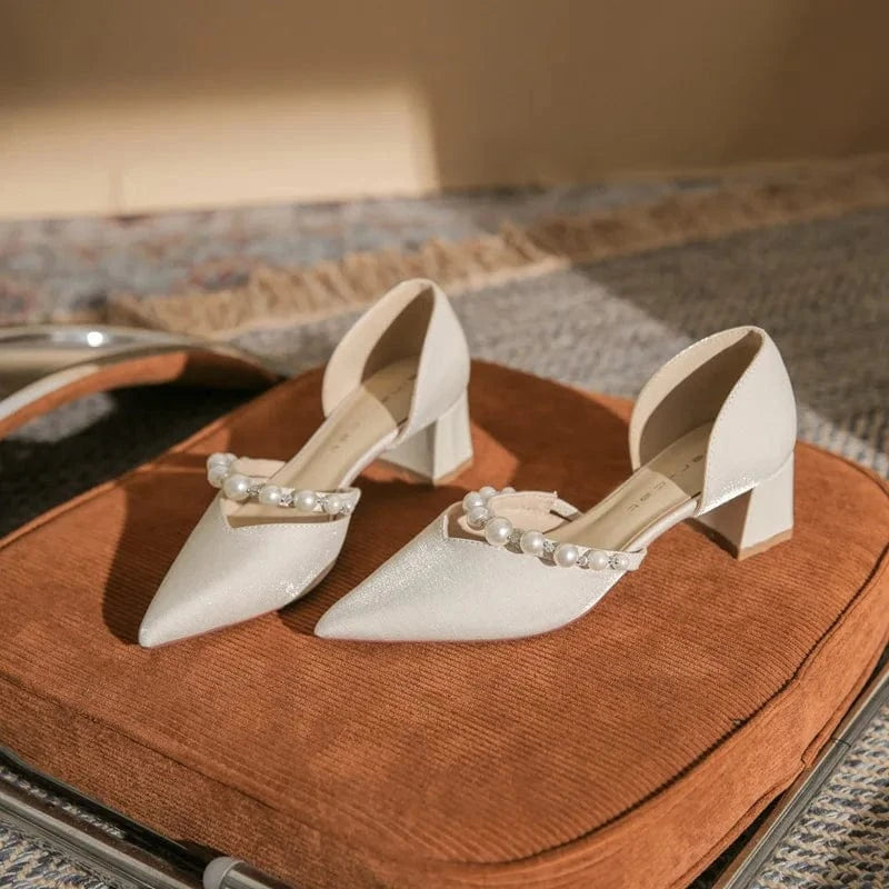 39 / Apricot 5cm` Sweet Style Mary Jane Sandals 2023 Summer New Pearls Hollow Out Ladies Pointed Block High Heel Shoes