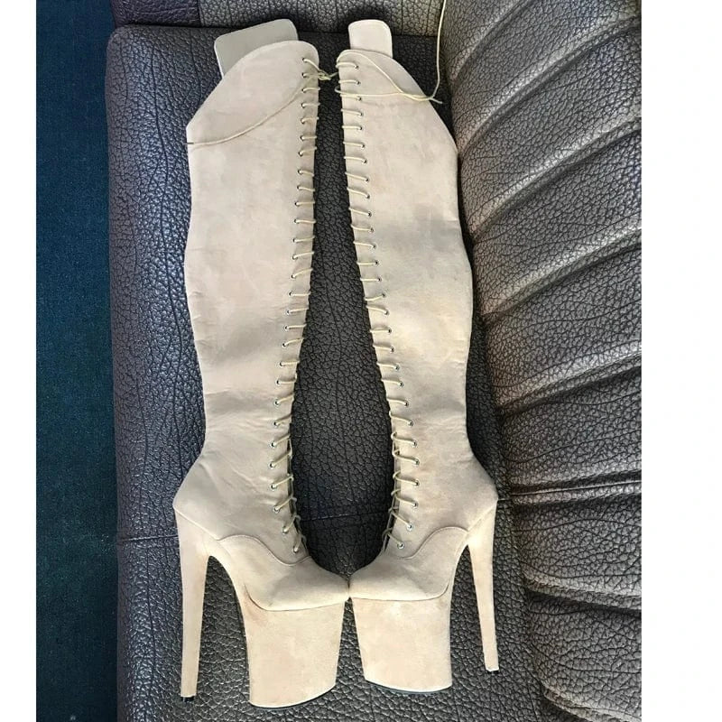 39 / Beige faux suede Thigh high fetish Exotic stripper pole heels platform dancer boots 20 cm 8" women high heel sexy over knee boots