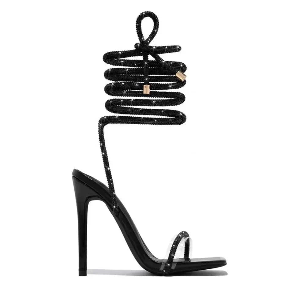 39 / Black 2023 gold new high lace up strap rhinestone slim high heels Roman stiletto pointed toe ladies sandals heels