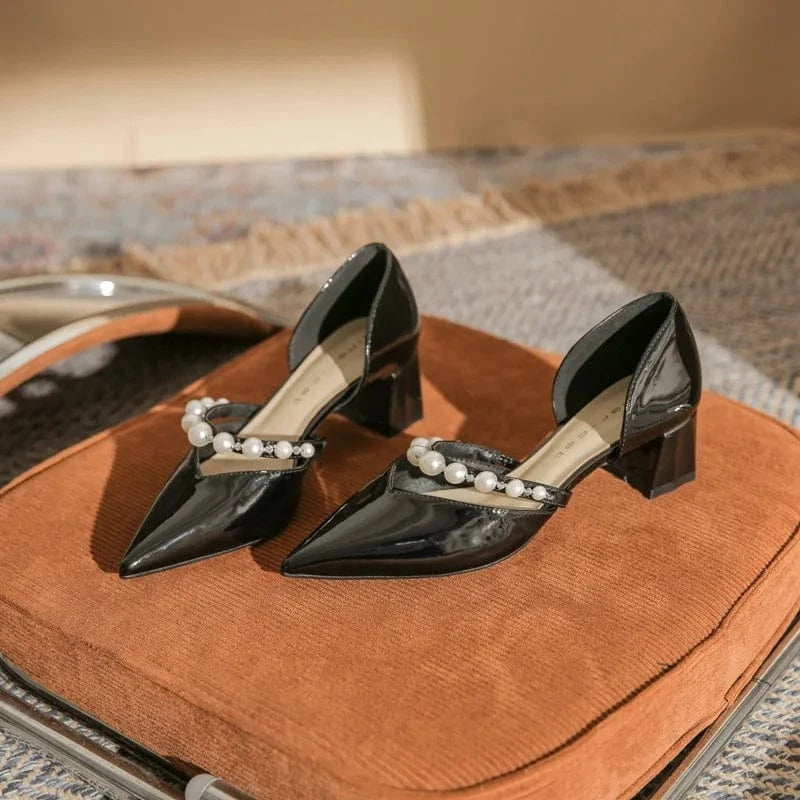 39 / Black 5cm` Sweet Style Mary Jane Sandals 2023 Summer New Pearls Hollow Out Ladies Pointed Block High Heel Shoes