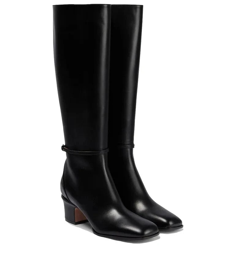 39 / Black Big Size 46 Solid Wide Fit Women's Knee High Boots Ladies Low Chunky Heels Shoes Real Leather Side Zipper Long Booties