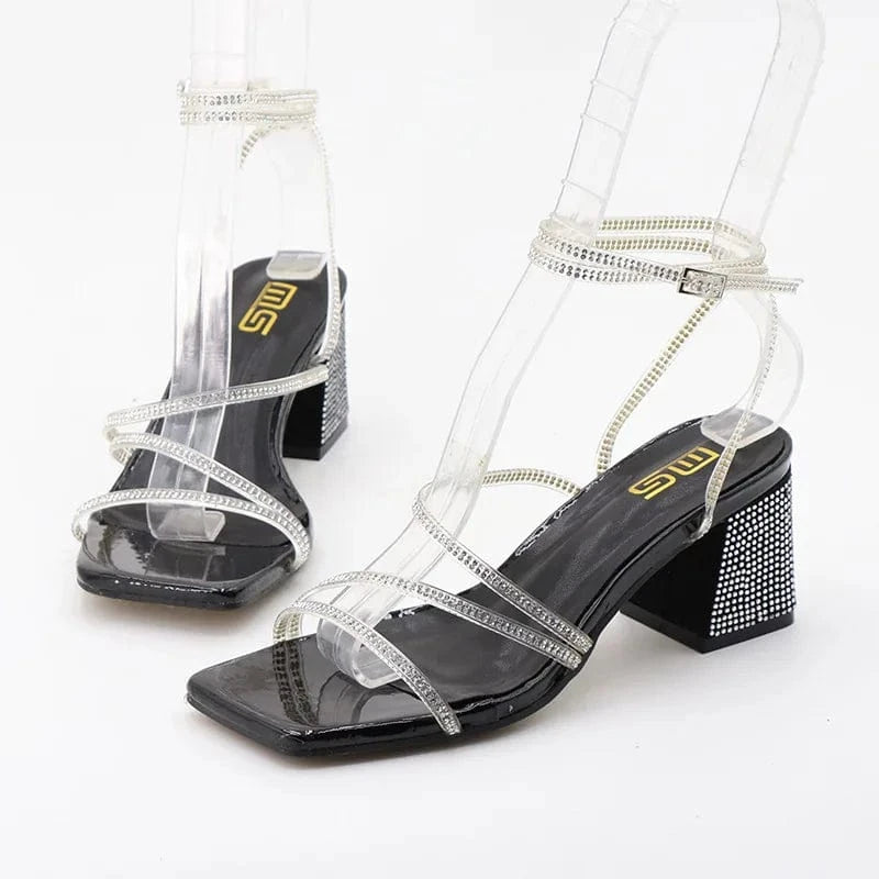 39 / Black Chaussures Femme Hot Sale Rhinestone Decor Square-toe Roman Shoes Cross Strap Lace Up Chunky Heels Sandals Ladies Dating Sandals