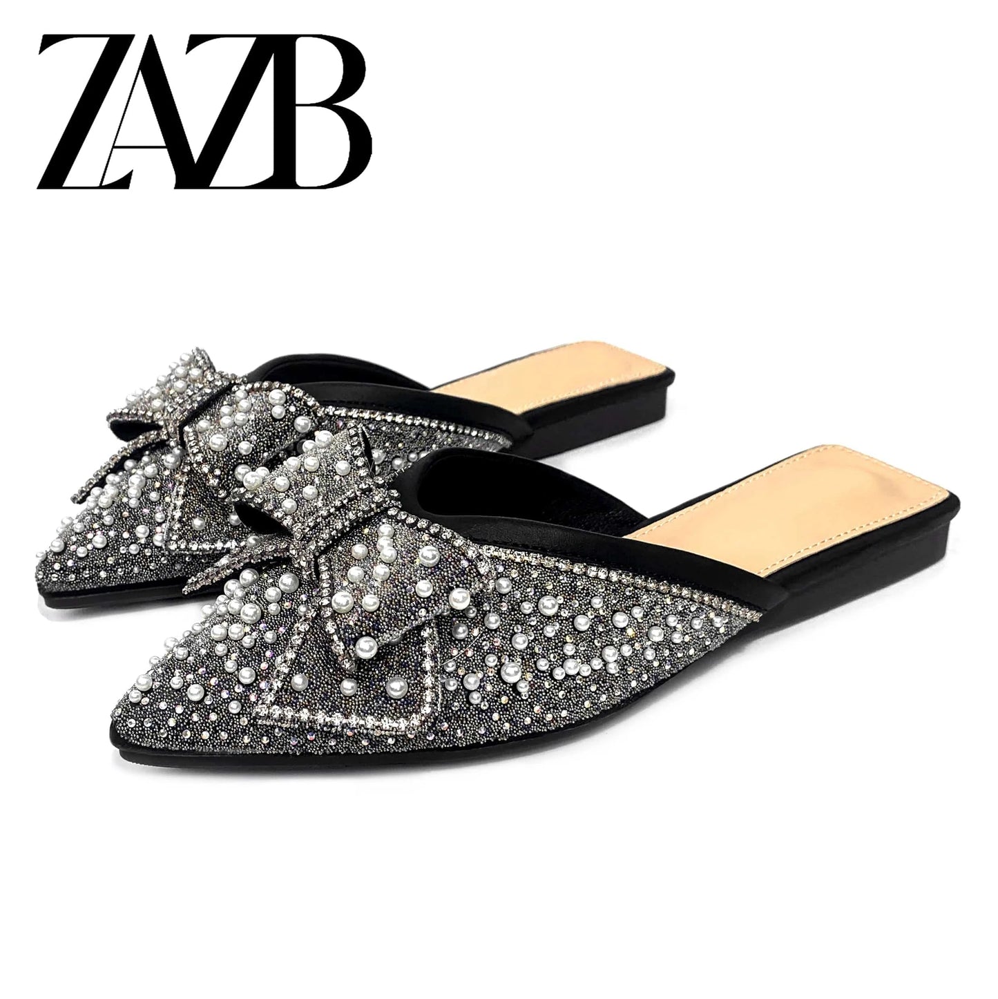 39 / Black Custom rhinestone bow pointed head designer shoes sandal for women and ladies flat slipper shoes luxury femmes fashion