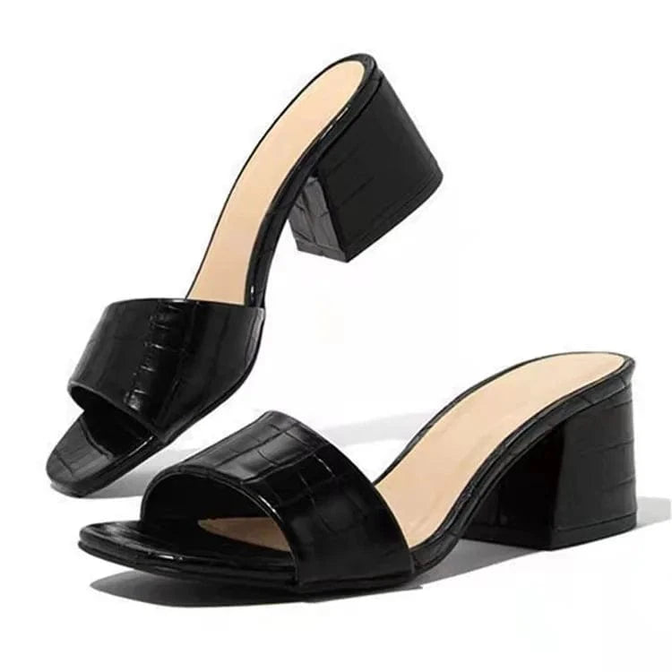 39 / Black Fashion Women Pumps Slippers Slides Summer Shoes Low Price High Heel Sandals Ladies Square Toe Female PC PVC PU Customized Size