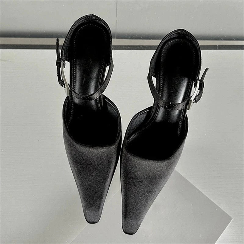 39 / Black Flock Aneikeh Wedding Elegant Buckle Flock Party Solid Slingback Women Shoes Thin Heels Pointed Toe Buckle Strap Shallow Shoes Fashion