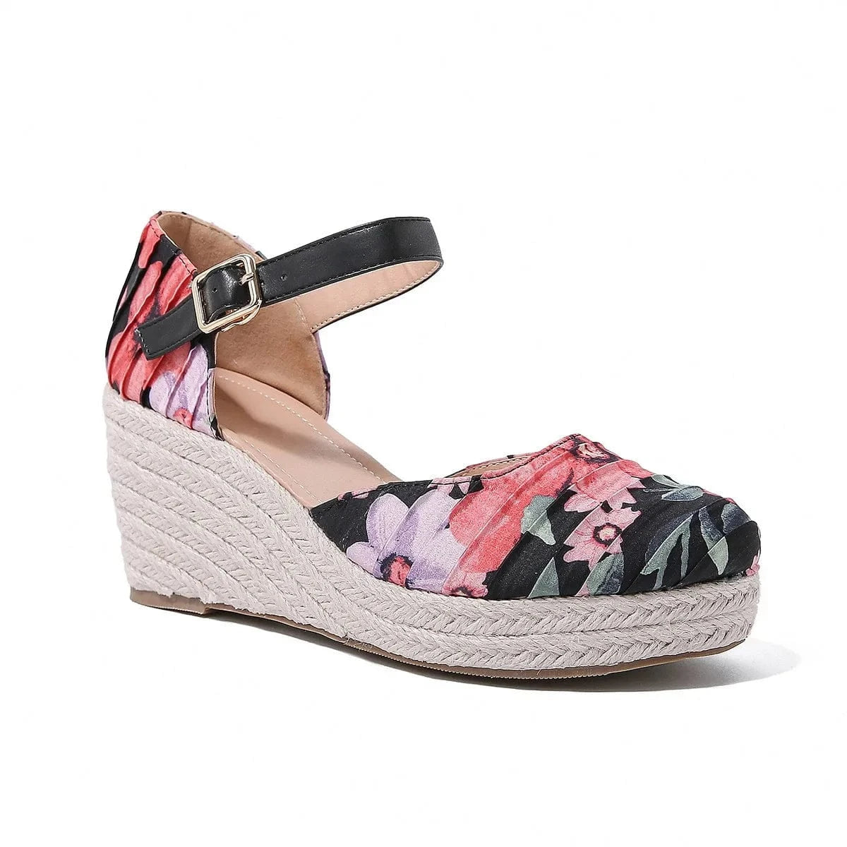 39 / Black Women Platform Shoes Retro Floral Cloth Hemp Rope Wrap-toe Shoes Hollow Out Ankle Strap Wedge Heels Sandals Ladies Office Sandal