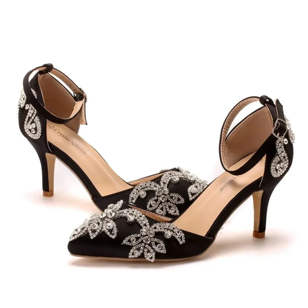 39 / Black Women Shoes 2023 Classic Silk Satin Rhinestone Decor Shoes Pointed-toe Roman Thin Heel Sandals For Female Wedding Banquet Sandal