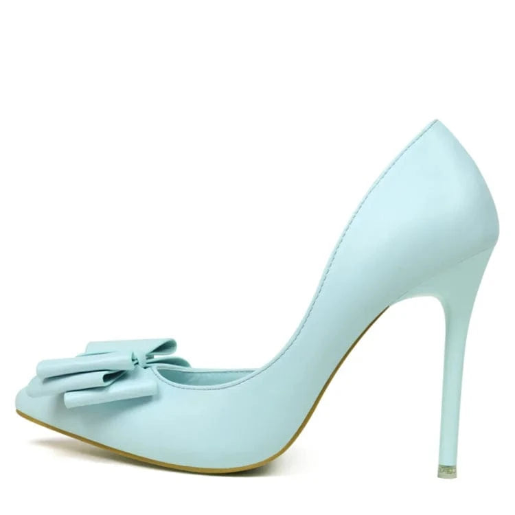 39 / Blue Pu bow at the side of pointed toe high heel shoes