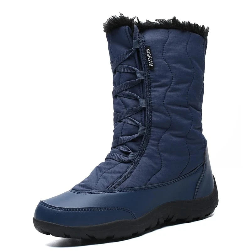 39 / Blue Women's Warm Waterproof Cold-Resistant Furry Collar Outdoor Mid Calf Easy Wear Lace-up Winter Snow Boots