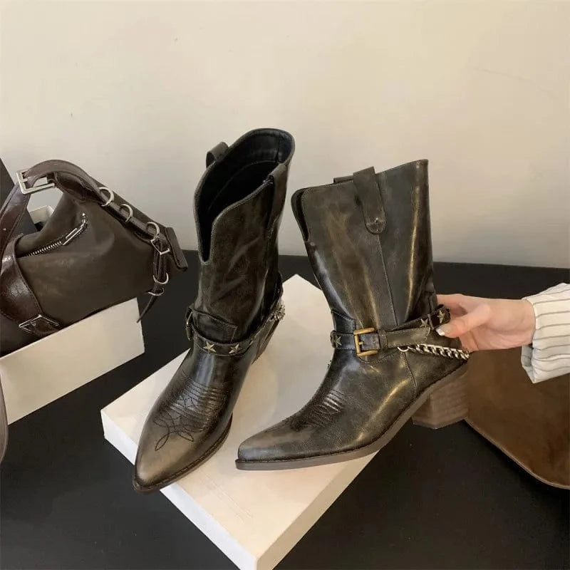 39 / bronze-coloured Dropshipping Custom Logo Vintage Western Cowboy Boots for Women Pointed Thick Heel Rubber Shoes with Short Belt Buckle Winter