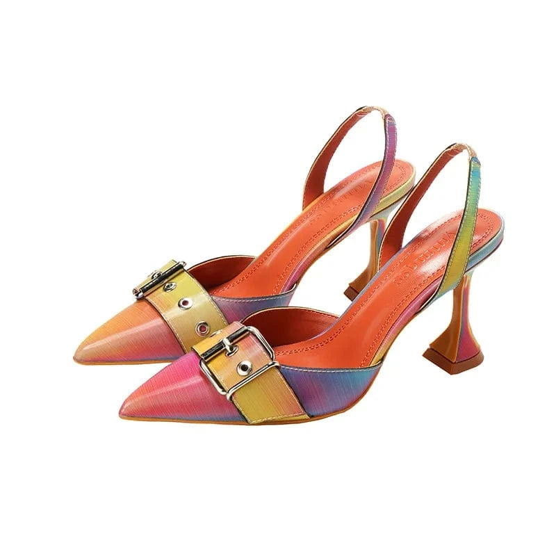 39 / Colorful PDEP fashion designer casual pointed rainbow rivet high heels dress shoes for women buckle party low heel sandals for ladies