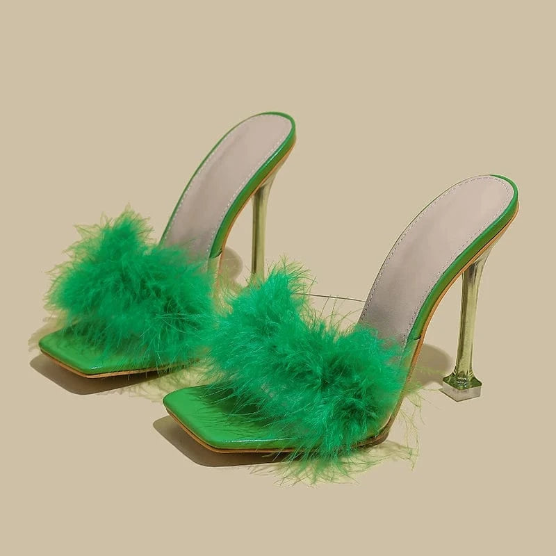 39 / Green Summer Fashion Pu Open toe 2022 New Plush Solid color Simple Square Head High-heeled White Sandals 35-42 Women's Shoes