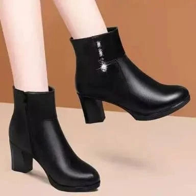 39,insole length 245MM / black+plush soft pu ankle boots female high heels short tube plus velvet cotton women boots