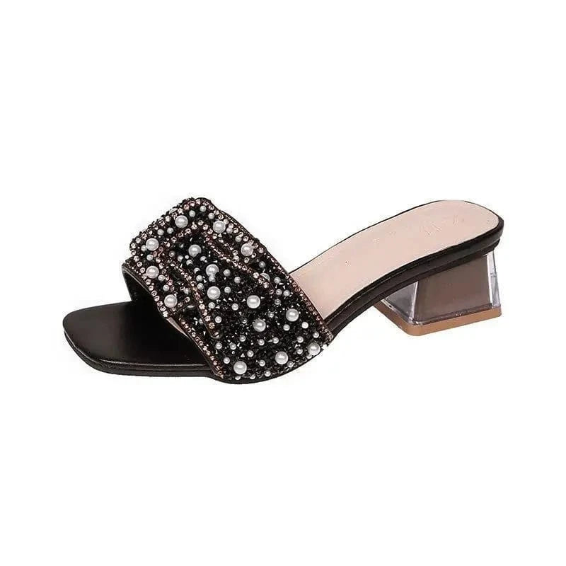 39,Insole length 245MM / Black rhinestones Slippers women rough high heels flip-flops lazy bow rhinosin cool drag women shoes large size 35-43