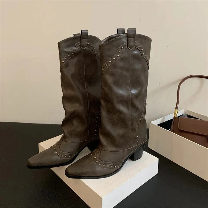 39 / Milk tea color Woman Cowgirl Boots Fashion Slip On Ladies Elegant Square Heel Long Pipe Boots Shoes Retro Women's Winter Footwear