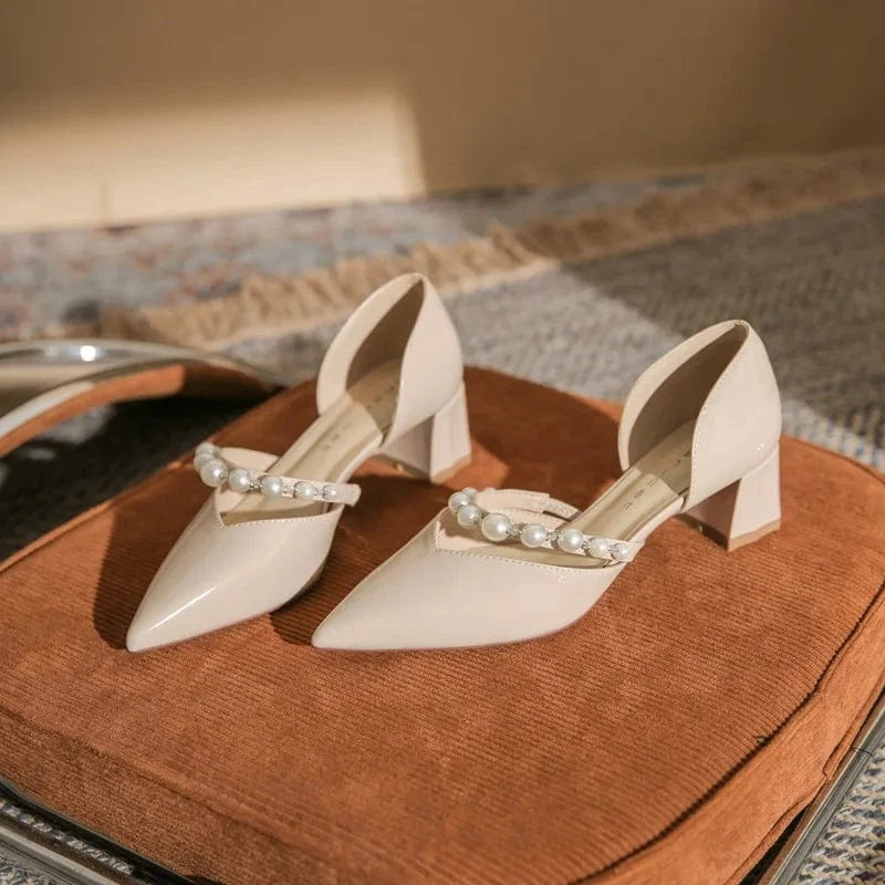 39 / Nude 5cm` Sweet Style Mary Jane Sandals 2023 Summer New Pearls Hollow Out Ladies Pointed Block High Heel Shoes