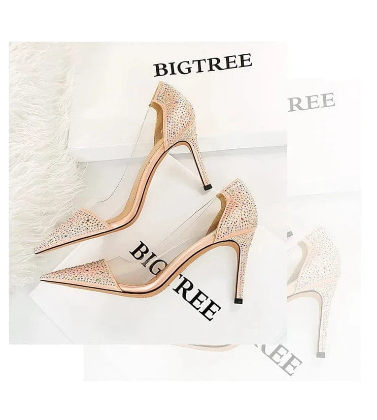 39 / Pink Transparent high heel women's stiletto pointed wedding shoes rhinestone glass glue shoes Sexy