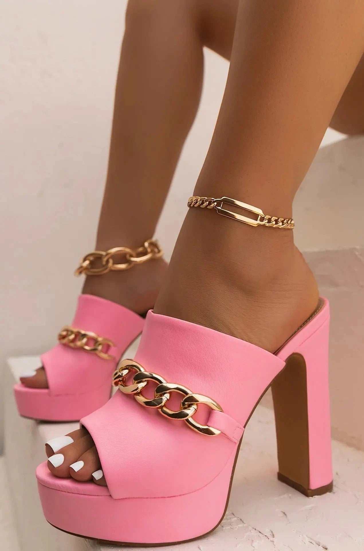 39 / Pink Trendy Platform Sandals Chunky Super High Heels Women Chain Shoes Slingback Peep Toe Slippers Sexy Brief Sandalias Mujer