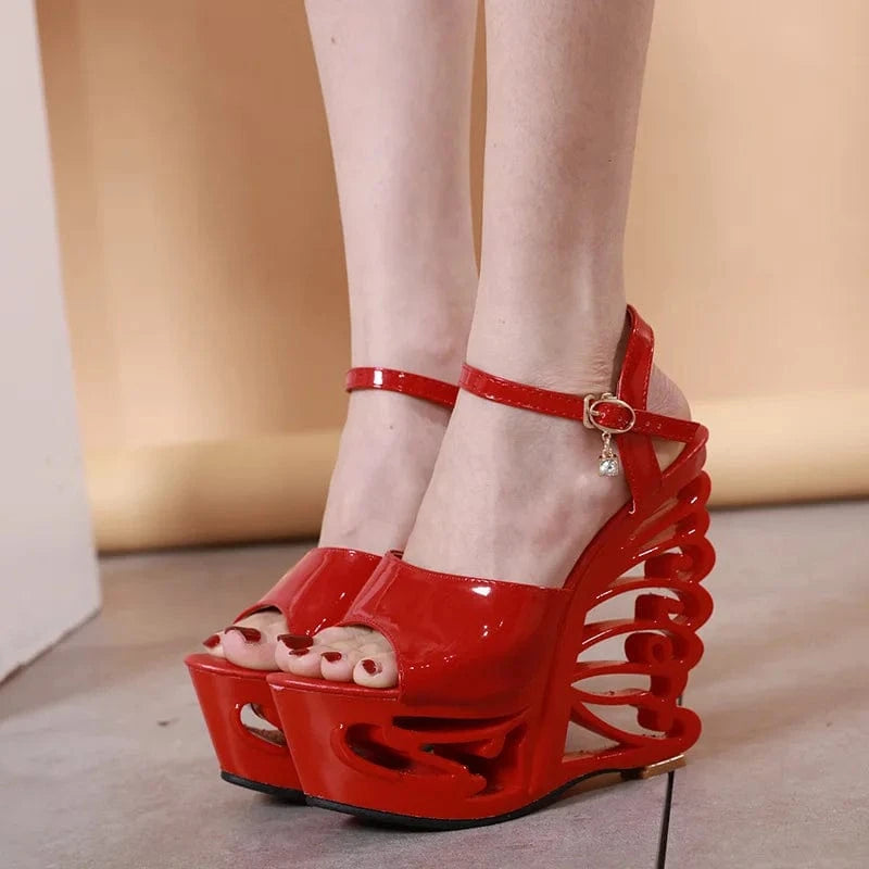 39 / Red 34-40 Summer Slope Heel Sandals Hollow buckle high heels Lacquer leather European and American high heel sandals