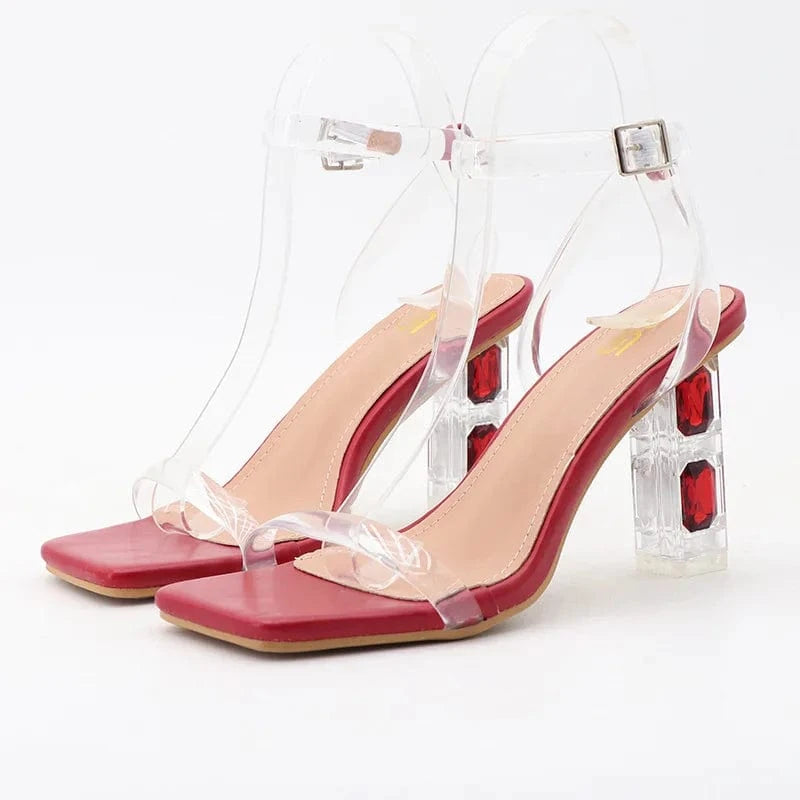 39 / Red Summer Sandals Women Simple Square-toe Shoes Transparent Ankle Strap Hollow Out High Heel Sandals Ladies Outdoor Nightclub Shoes
