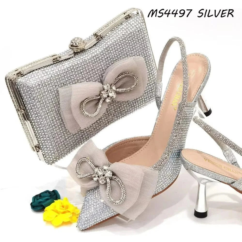 39 / silver Fashion African bow Women Shoes With Italian Matching Bags Wholesale Custom High Heels Pumps Shoes and Bag Set
