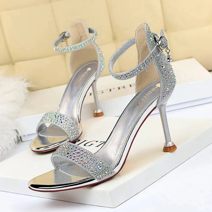 39 / silver Summer Sandals Women Luxury Bling Rhinestone Decor Shoes Open-toe T-strap Thin Heels Sandals For Ladies Banquet Travelling Shoes
