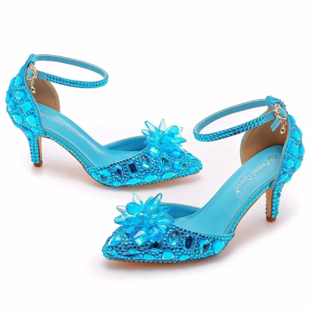 39 / Sky Blue Chaussures Femme Luxury Crystal Buckle Pointed-toe Roman Shoes Slingback Hollow Out High Heel Sandals For Ladies Banquet Sandals