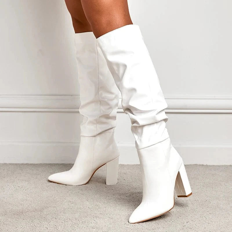39 / White 2024 hot-selling pu new mid-calf thick heel boots one pedal comfortable outdoor all-match size 35-42