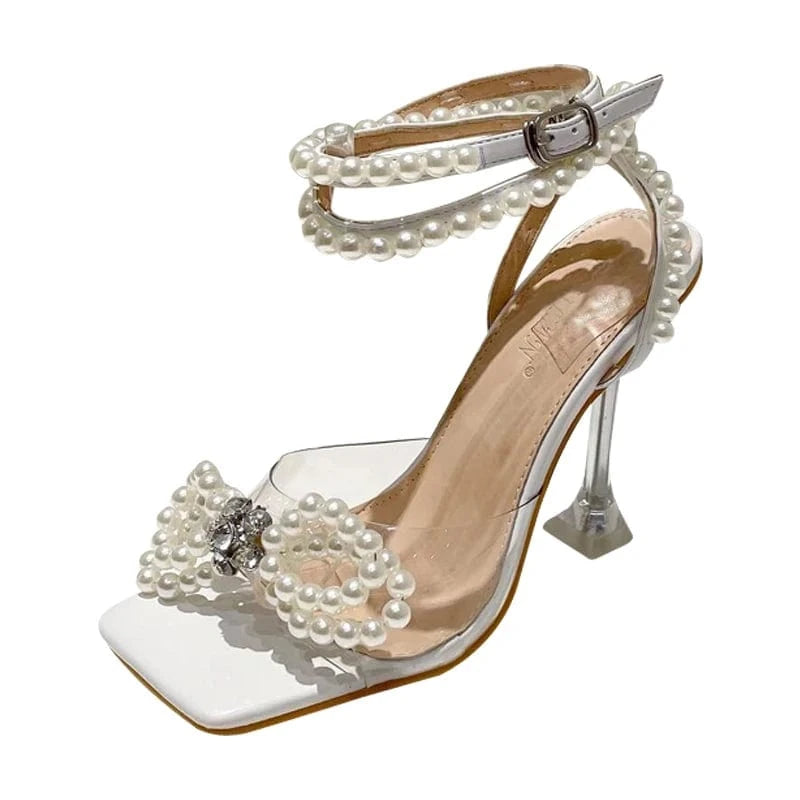 39 / White Ladies High Heels Pearl Party Women Sandals 2025 Square Toe High Heels Women