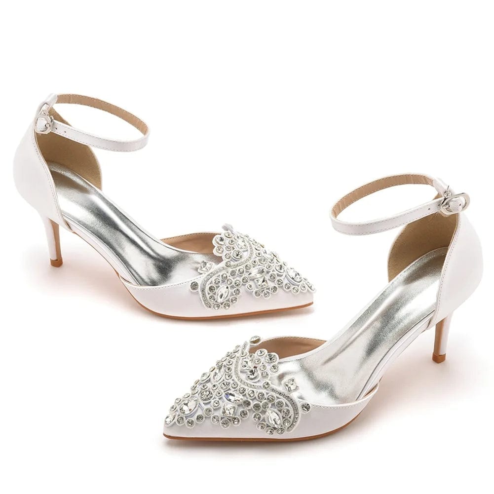 39 / White New Women Shoes Luxury Rhinestone PU Pointed-toe Shoes Wrap-toe Ankle Strap High Heel Sandals For Ladies Banquet Dress Sandalias