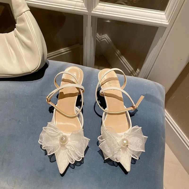 39 / White Pointed Thin-heeled Mesh Mesh Single-shoe Wedding Shoes Fairy Wind High-heeled Back Empty Bow Sandals