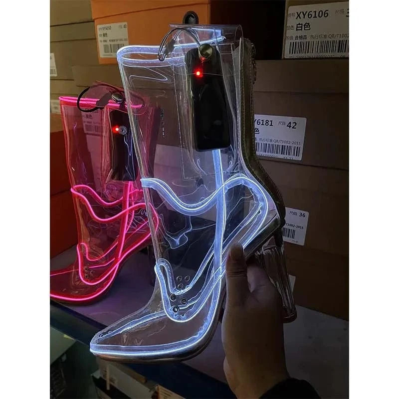 39 / White UBILILIA Nightclub Flasher LED light fashion Shoes clear PVC midi booties Crystal block High Heels Transparent Boots For Ladies