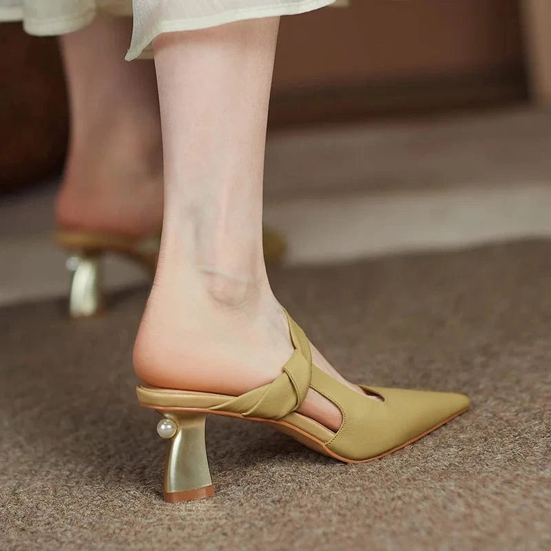 39 / Yellow 2022 New Female Summer Autumn Block Heels Women Pointed-toe Hollow Out Sandals Outside Office Ladies Dress Mules