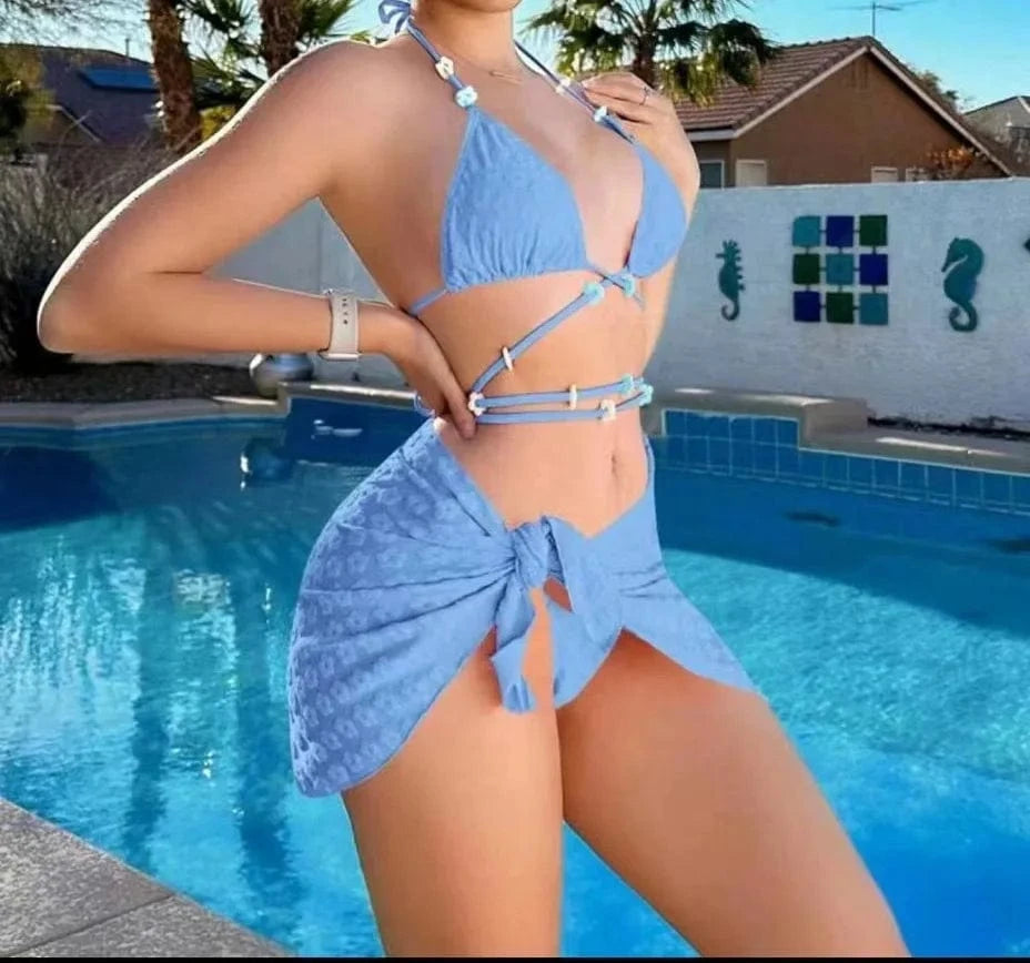3colors String Swimwear Thong Bikini Set Swimsuit Beach Wear Micro Mini Bikini 3pcs Swimwear Women 2024