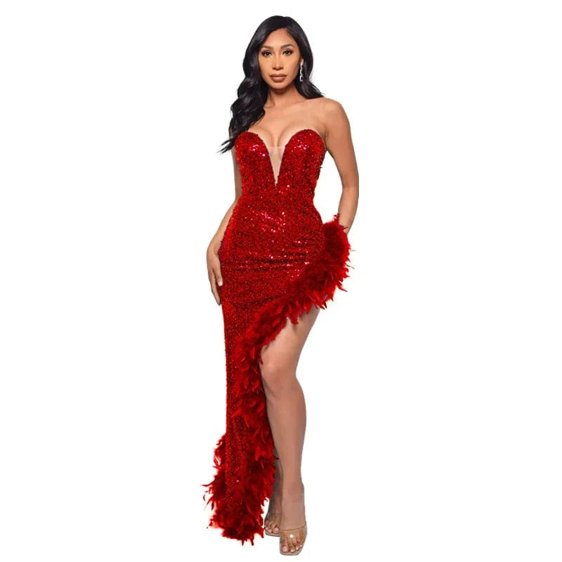3XL / #4 Womens Strapless Sequin Feather Dress For Women Elegant Sleeveless Long Bodycon Prom Evening Dresses