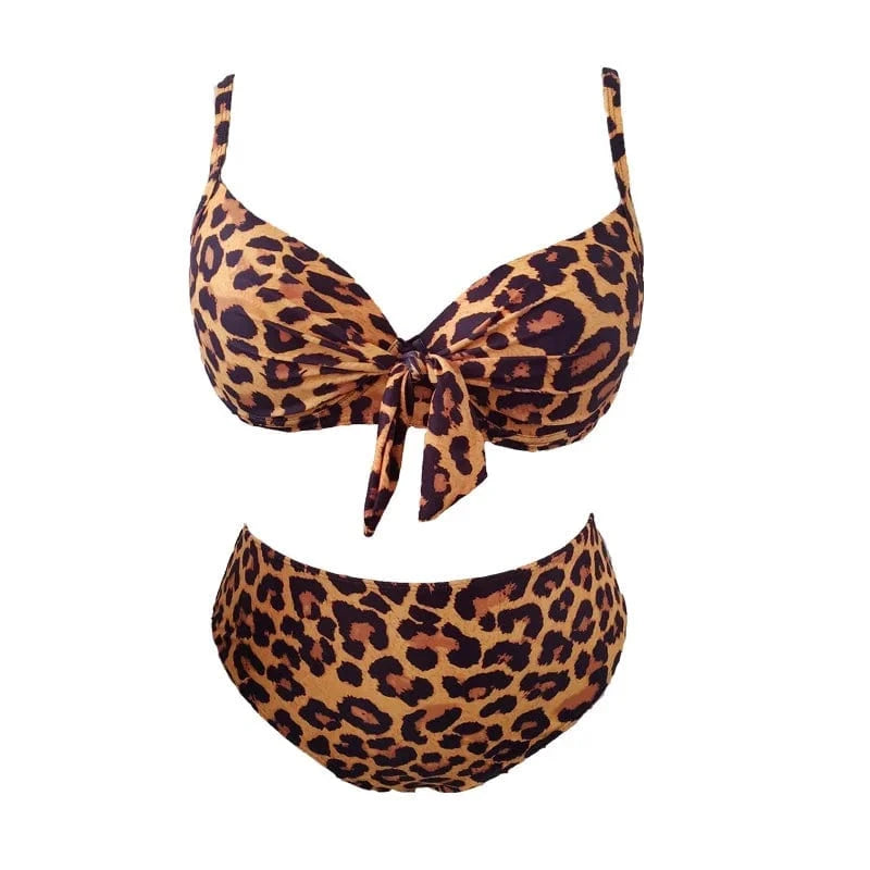 3XL / Brown DAMOCHIC Wholesale Large Size Swimsuit for women Summer Leopard print Bow Bikini High-Waisted V-neck Bathing Suit 2023