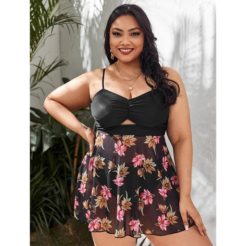 3XL / Picture color DAMOCHIC Wholesale Swimsuit for Fat Women Summer Floral Print Mesh Hide Belly Bikini Set Plus Size Beach Wear Tankini Set 2023