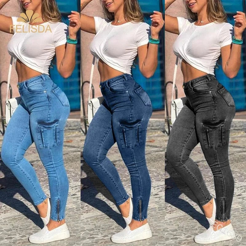 3xl Plus Size Women's Jeans Pencil Pants Patchwork Pockets Sexy Slim Fit Elastic Waist Zipper Women Denim Cargo Pants Jeans