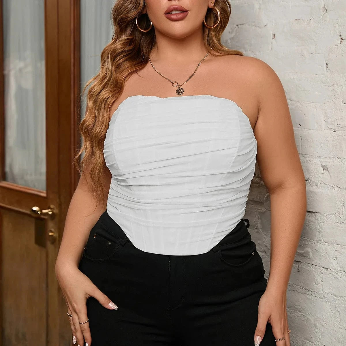 3XL / White DAMOCHIC Fashion Bustiers Femme Back Zip Strapless Summer Mesh Fishbone Top Corset Fat Women Plus Size Crop Top Bustier 2023